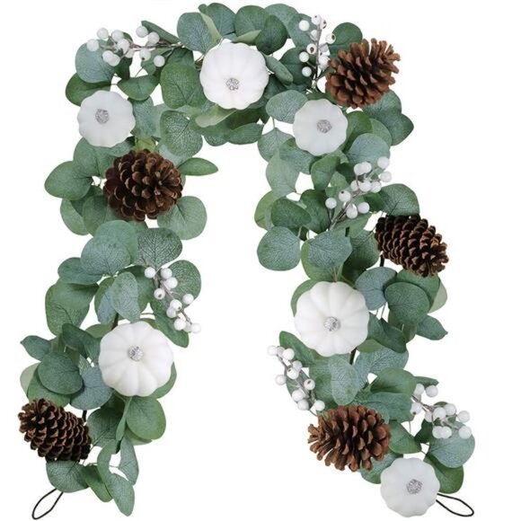 White Pumpkin Garland Artificial Eucalyptus with White Pumpkins Pinecones - Picture 1 of 8